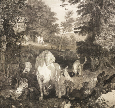 James Heath, Samuel Middiman, Adam und Eva im Paradies, Kupferstich nach Jan Breughel, 1799